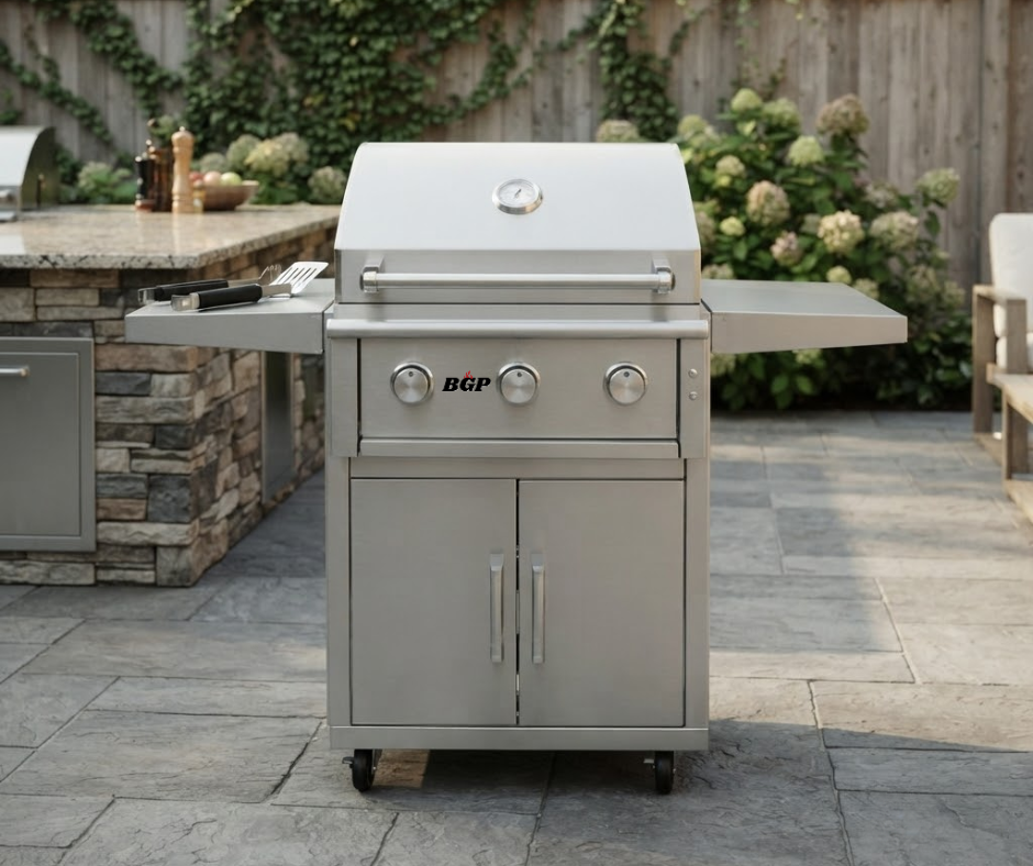 BGP 25-inch freestanding stainless steel gas grill with 3 burners and LED knob lights, available at BBQ Grill People in Magnolia, Texas.