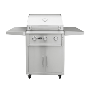 BGP 25-inch freestanding stainless steel gas grill with 3 burners and LED knob lights, available at BBQ Grill People in Magnolia, Texas.