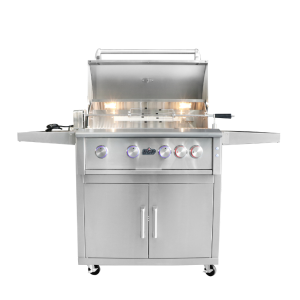 BGP 32-inch freestanding stainless steel gas grill with four burners, rear burner, and LED control knobs in Magnolia, Texas.